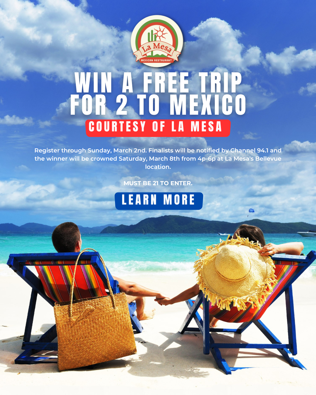 La Mesa 2024 Free Trip for 2 to Mexico Web graphic