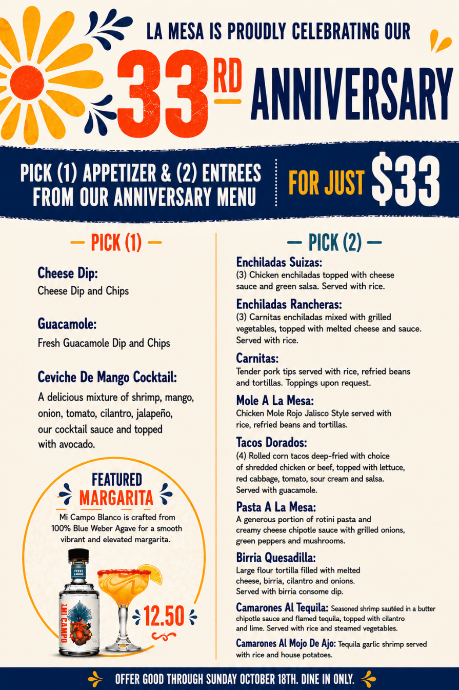 La Mesa 33rd Anniversary Menu